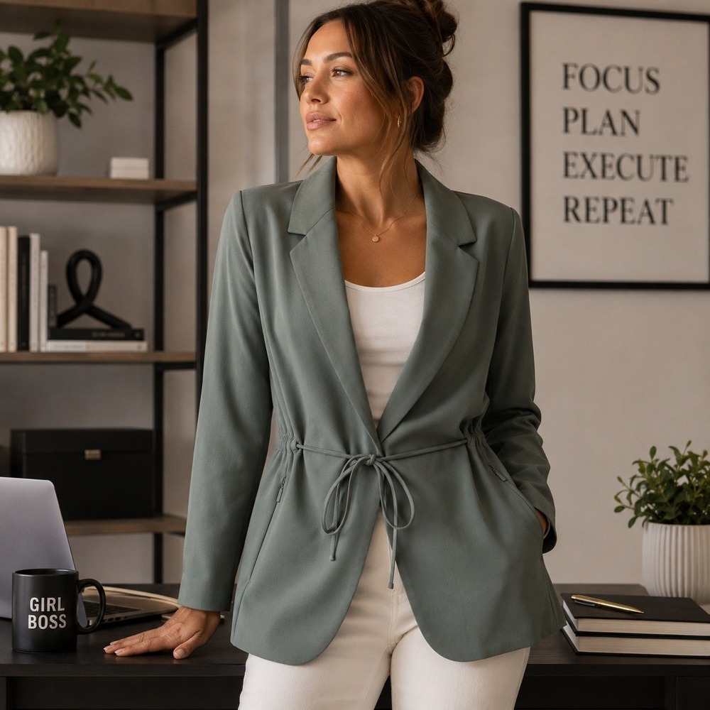 Athleta Tie Front Blazer Jacket Sz 10 Green Stretch Travel Career Quiet Luxury